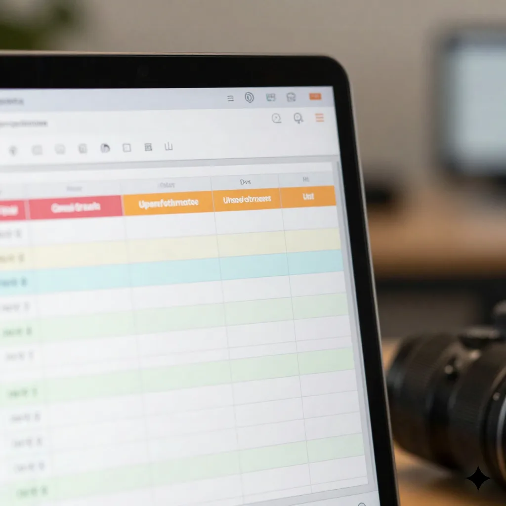 Close-up of clean organized spreadsheet on laptop screen with color-coded cells