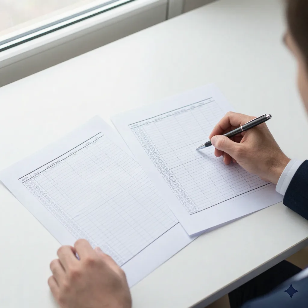 Professional analyst reviewing printed spreadsheet pages on a desk with pen in hand