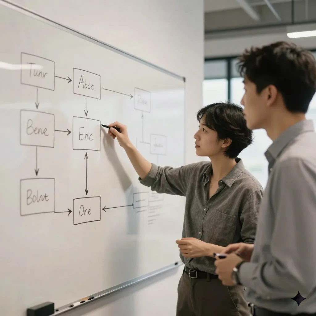 Two colleagues collaborating at a whiteboard with flow diagrams during a code review session
