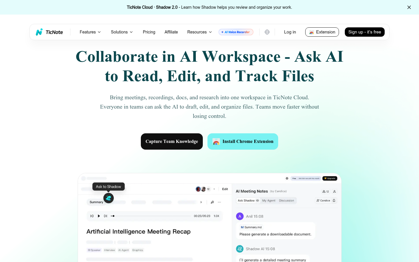 Espace collaboratif TicNote Cloud avec réunions et fichiers organisés dans un projet unique