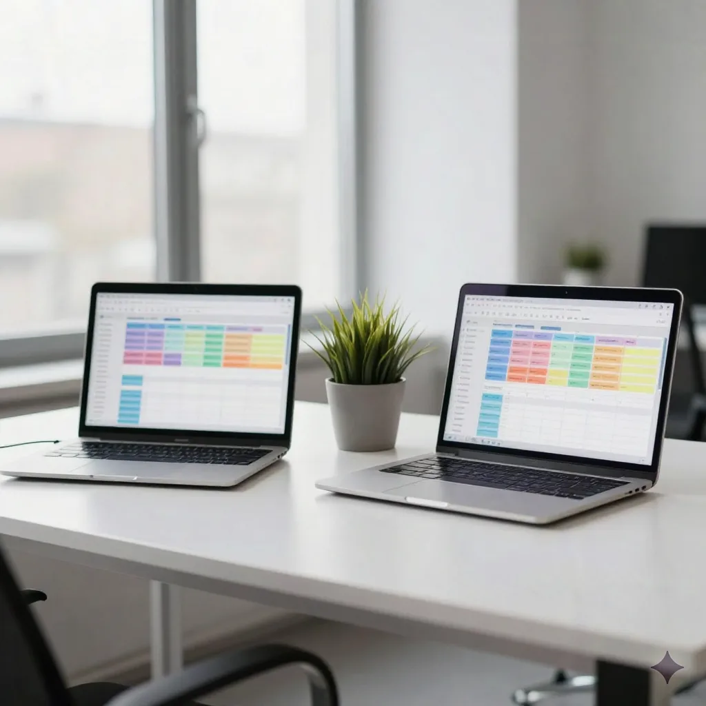 Two laptops side by side on a desk, each showing a different blurred spreadsheet grid, representing Excel versus Sheets