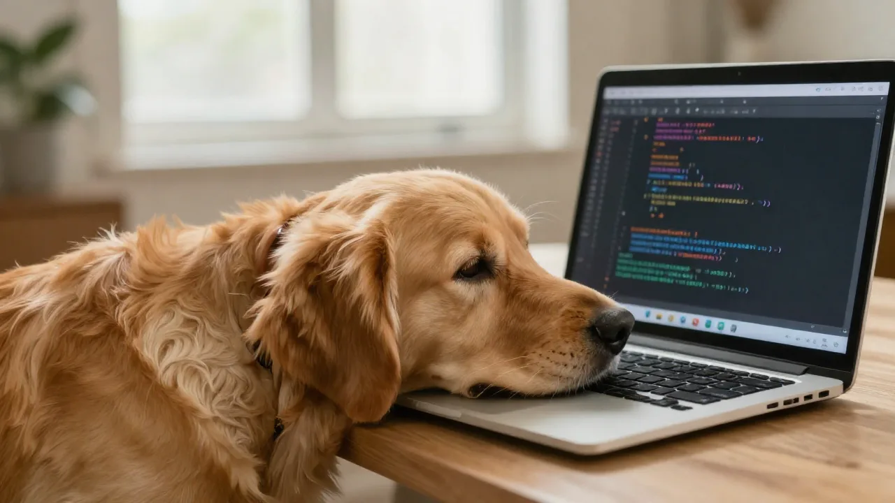 Golden retriever bersandar di keyboard laptop yang menampilkan baris-baris kode, menggambarkan alat pemeriksa kode AI