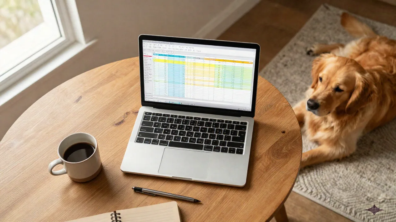 Golden Retriever neben einem Laptop mit einer Aufgabenliste in einem Excel-Spreadsheet auf einem Holzschreibtisch