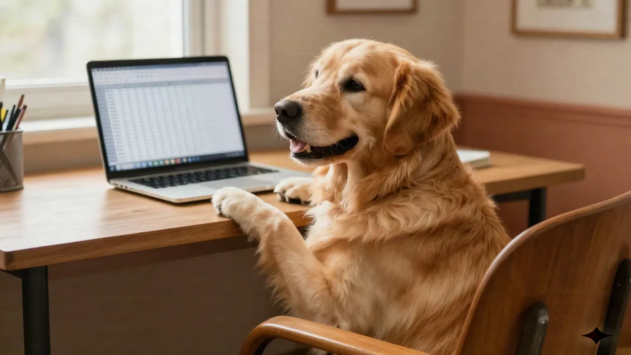 Golden retriever seduto a una scrivania casalinga accanto a un laptop che mostra un foglio di calcolo, illustrando il generatore di formule excel di Formula.dog