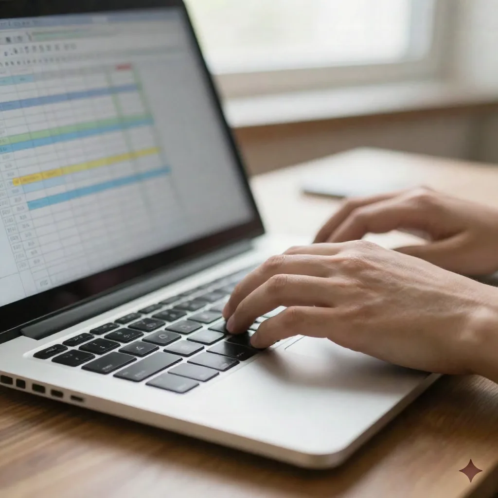 Close-up of hands typing on a laptop with a blurred spreadsheet grid on screen