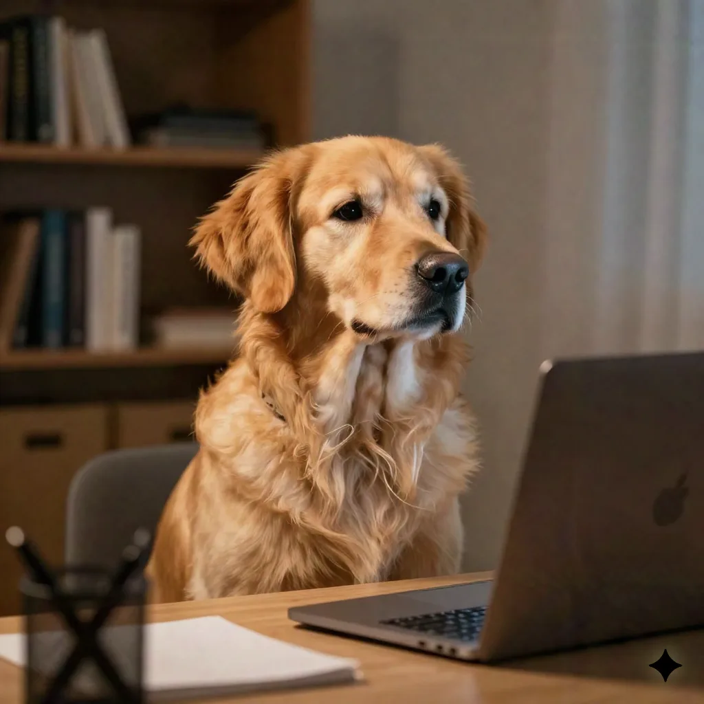 Golden retriever looking at a laptop screen on a home office desk