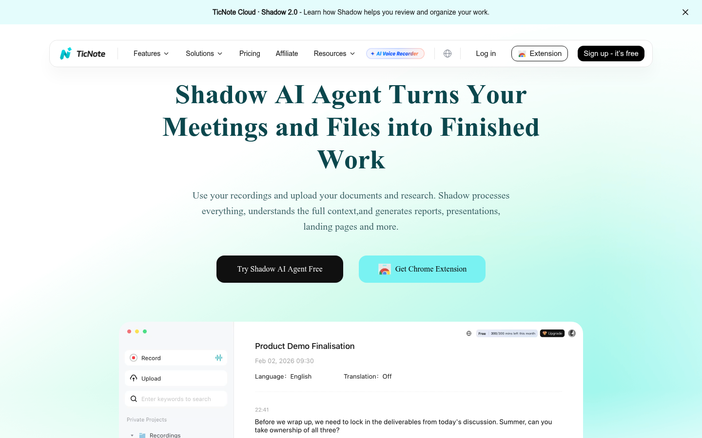 Interface Shadow AI Agent générant un rapport structuré à partir d'un enregistrement de réunion