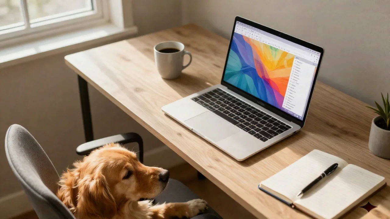 Home office desk with laptop showing a spreadsheet grid and a golden retriever resting nearby
