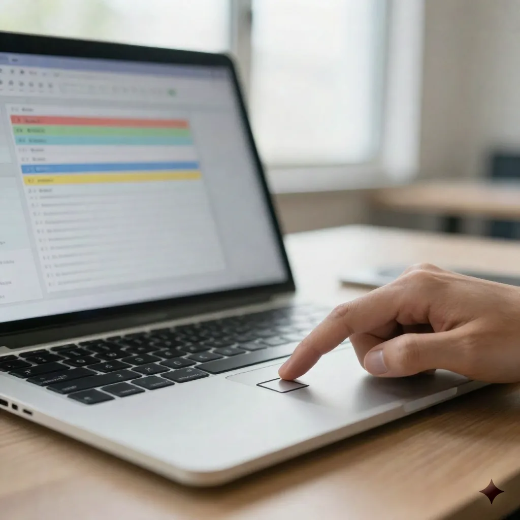 Hand checking a checkbox on a laptop action items tracker