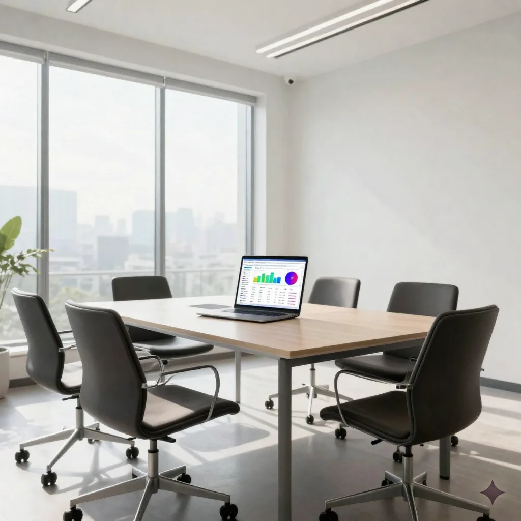 Empty meeting room with a laptop showing an action items dashboard