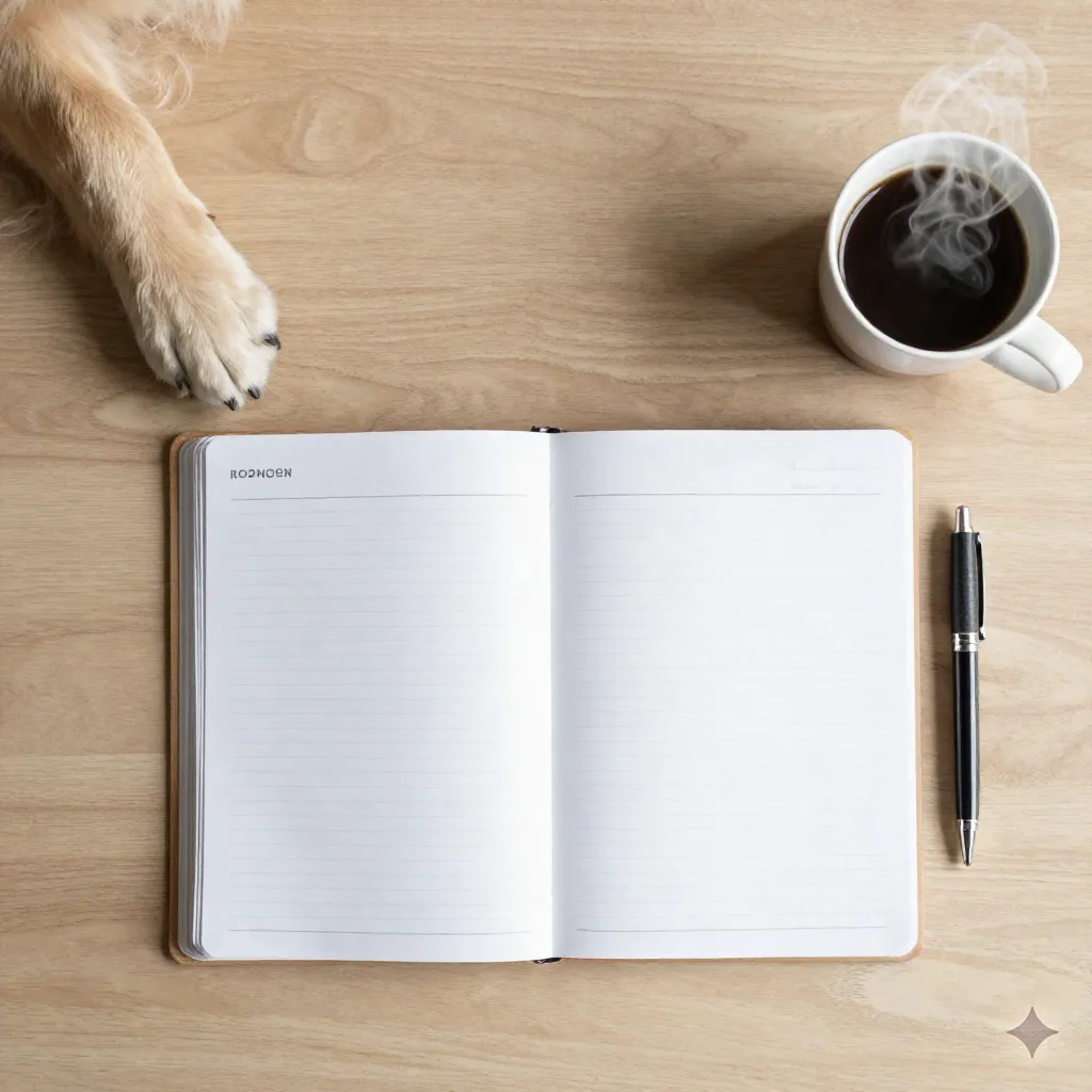 Flat lay of a weekly planner, coffee cup and a golden retriever paw at the edge of a tidy desk