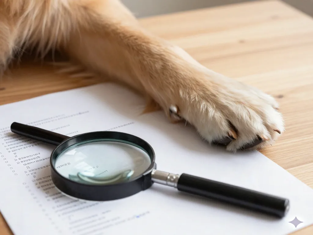A dogs paw next to a magnifying glass resting on a printed page of code, symbolizing the AI code checker reviewing code line by line
