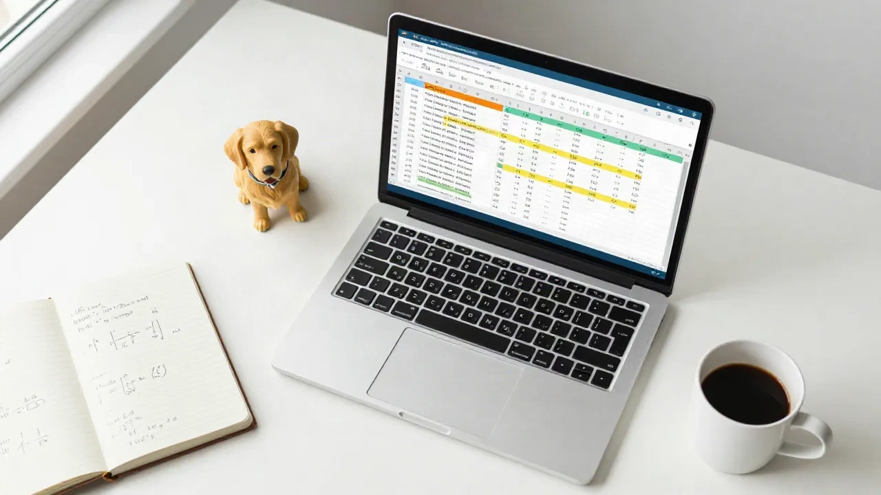 Excel spreadsheet flat-lay with laptop, notebook, and golden retriever figurine on a modern desk