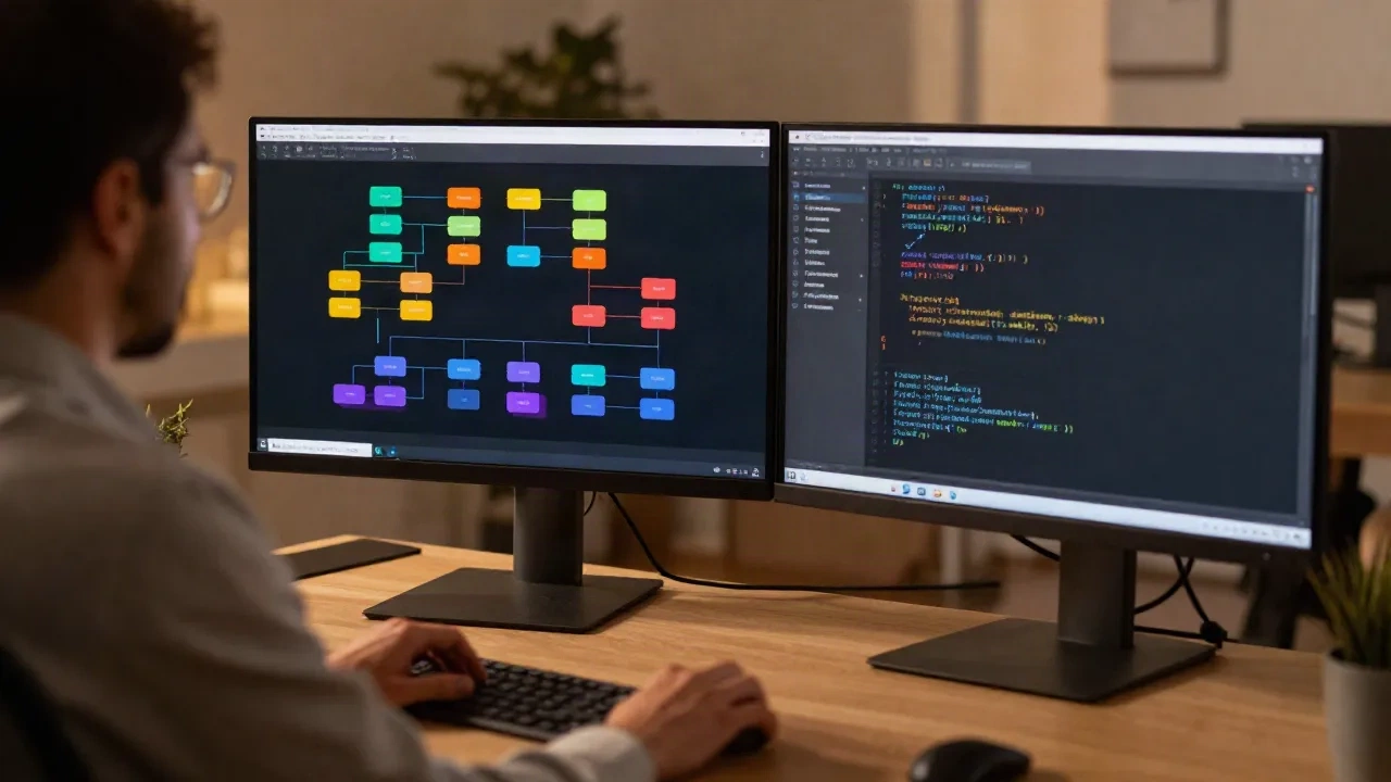 Sviluppatore professionista alla scrivania con doppi monitor che mostrano un grafo di controllo di flusso con nodi e archi colorati e codice Python, illuminazione d'ufficio con tonalità calde