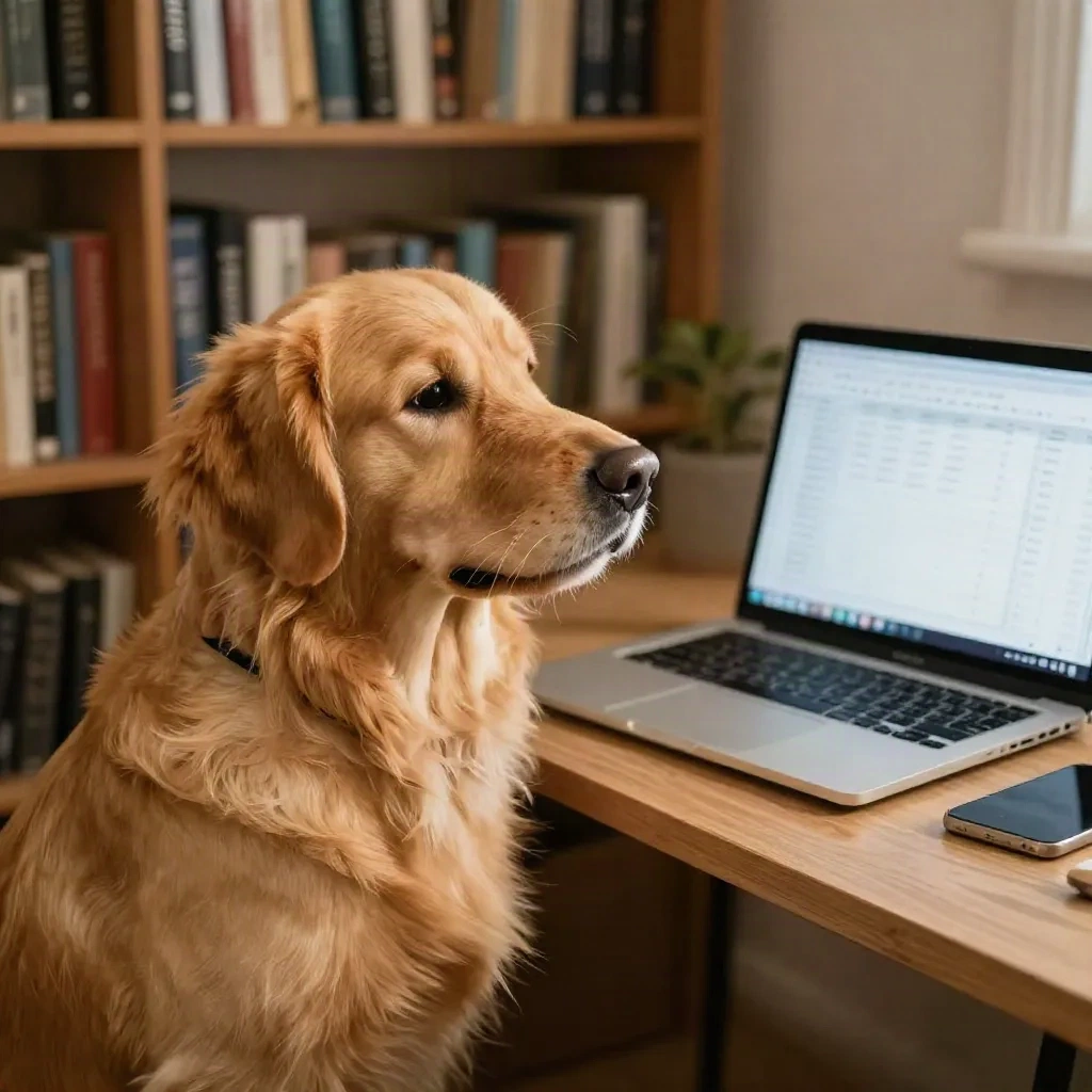 Golden retriever dog sitting beside a desk with a laptop showing a spreadsheet, attentively helping with work