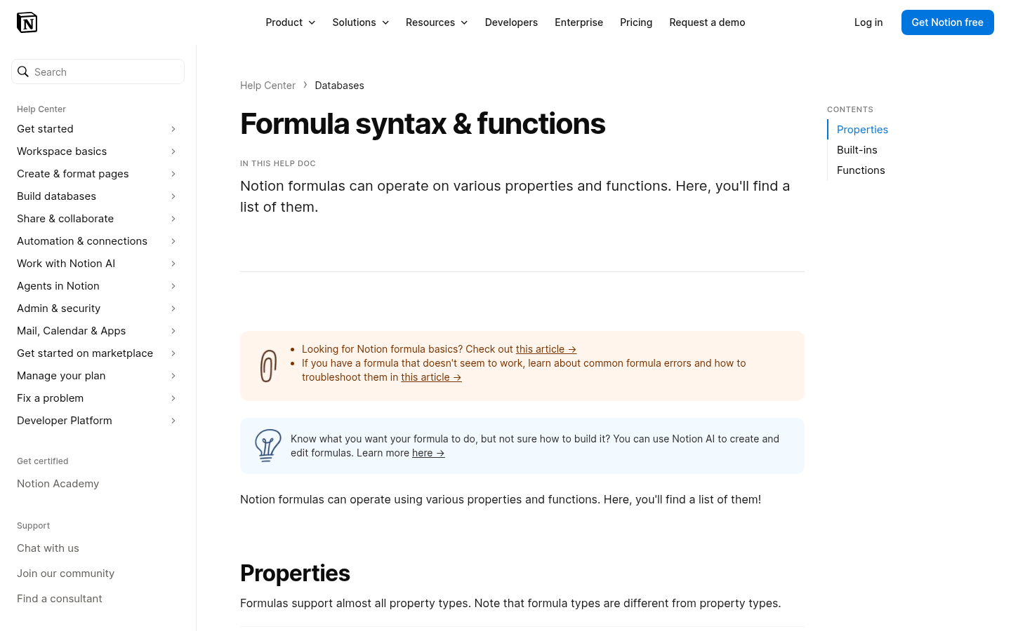 Page de référence de la syntaxe et des fonctions de formule Notion