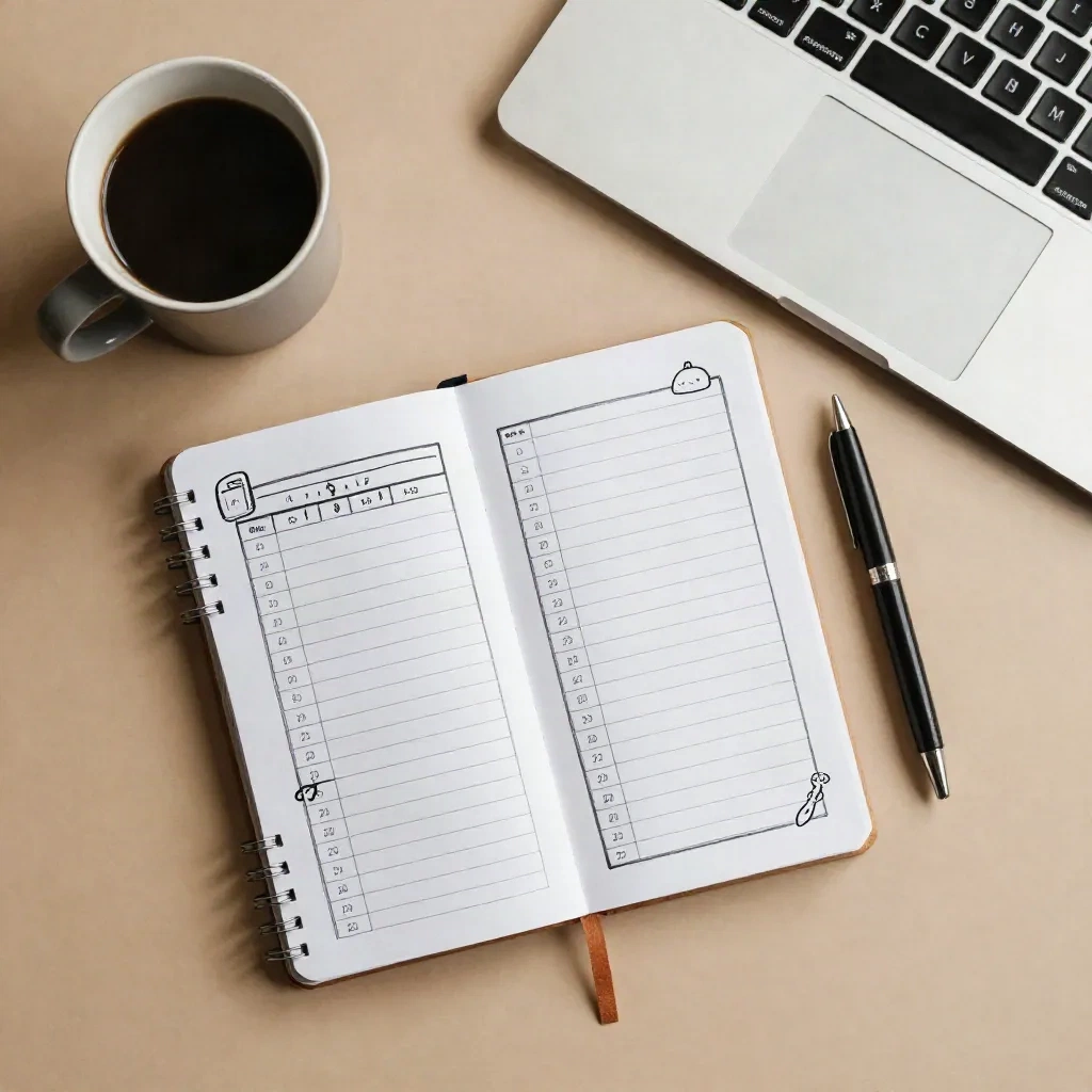 Scrivania con taccuino che mostra diagrammi di fogli di calcolo, caffè e tastiera, che rappresenta la fase di pianificazione prima di usare un assistente IA per Excel
