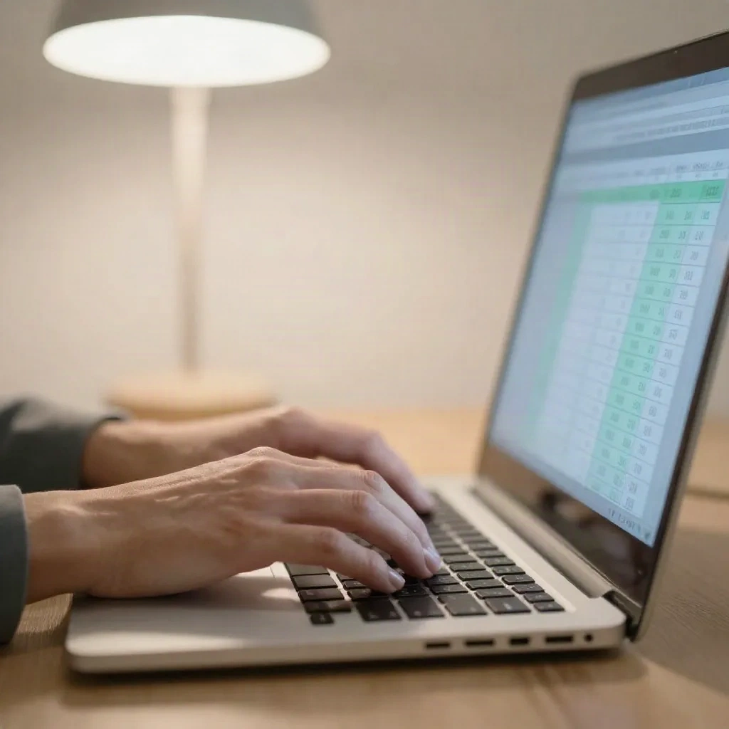 Mani che digitano su una tastiera con colonne di foglio di calcolo sullo sfondo, che illustra il flusso di lavoro con un assistente IA per Excel