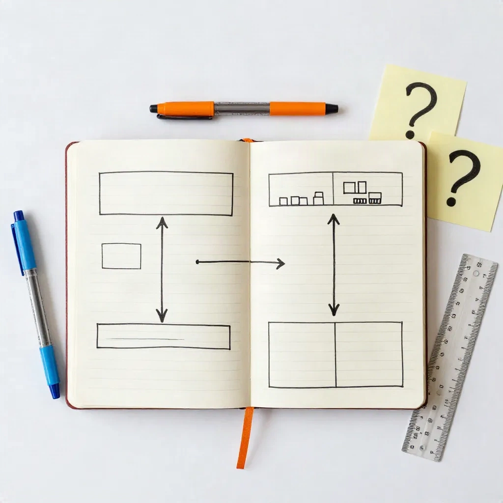 Flat lay of a desk with an open notebook showing hand-drawn data diagrams, colored pens and sticky notes