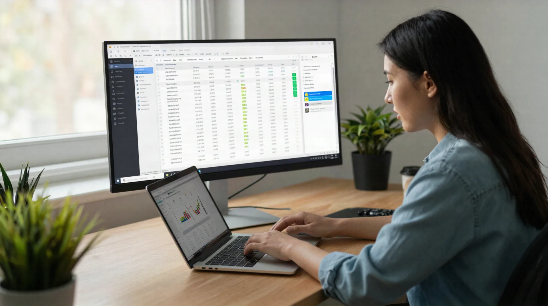 Analyst working with an AI assistant panel next to a spreadsheet full of formulas