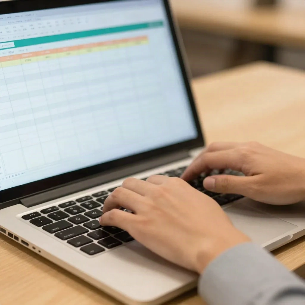 Person typing Excel formulas on a laptop with a colorful spreadsheet on screen