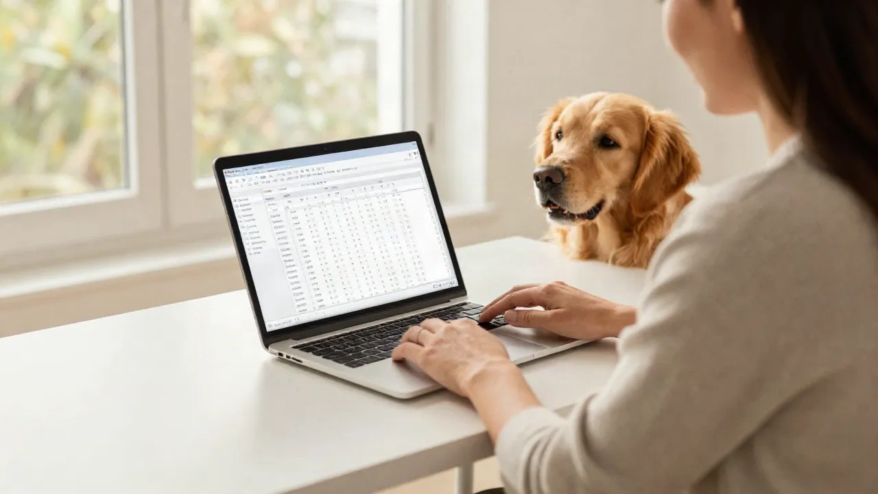 Una professionista al laptop con un golden retriever che guarda lo schermo, che rappresenta l'assistenza IA per le formule Excel
