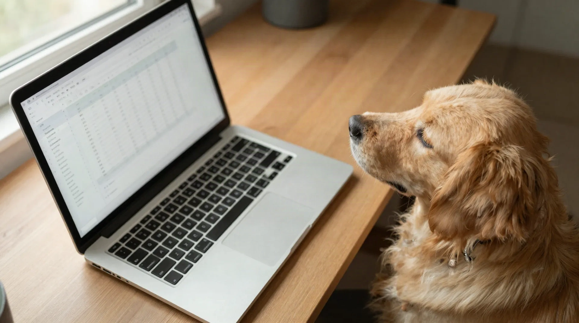 Goldener Labrador schaut auf einen Laptop mit Tabellenkalkulationsformeln auf einem hölzernen Schreibtisch