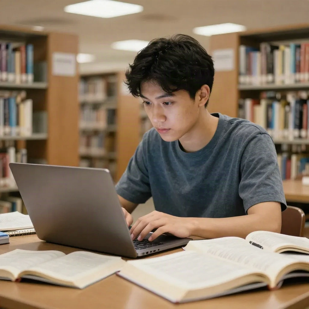 Student studying in library with laptop and textbooks, focused and organized workspace