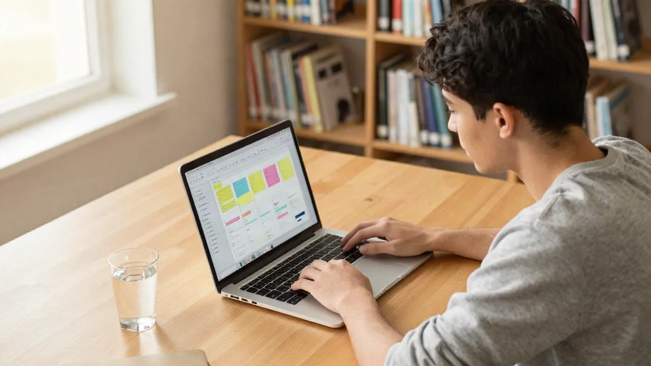 Student aan bureau met laptop met georganiseerde digitale notitieerface, warme redactionele verlichting