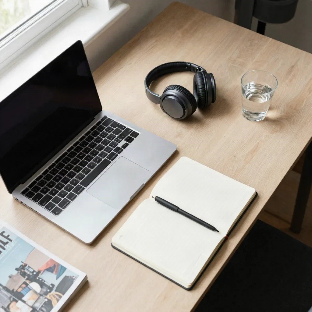 Minimalist student desk setup, top-down view with laptop, notebook, and headphones