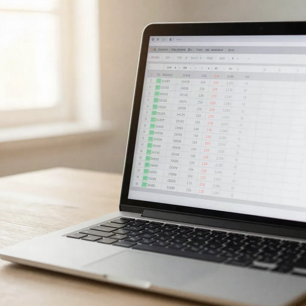 Dizüstü bilgisayarda durum sütunlarında yeşil ve kırmızı göstergeler ile özellik verilerinin satırlarını gösteren bir spreadsheet