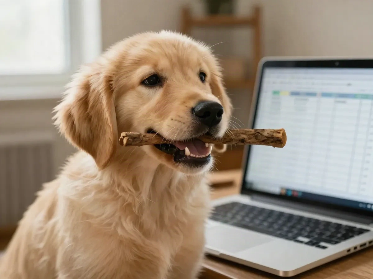 Golden retriever puppy holding a fetch stick next to a laptop showing a spreadsheet, representing Biscuit fetching a formula