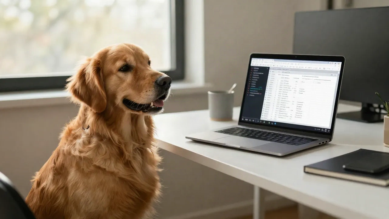 AI pair programming at a spreadsheet desk with a golden retriever