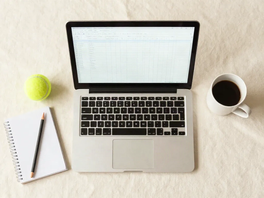 Desk with a laptop spreadsheet, coffee, notebook and a tennis ball