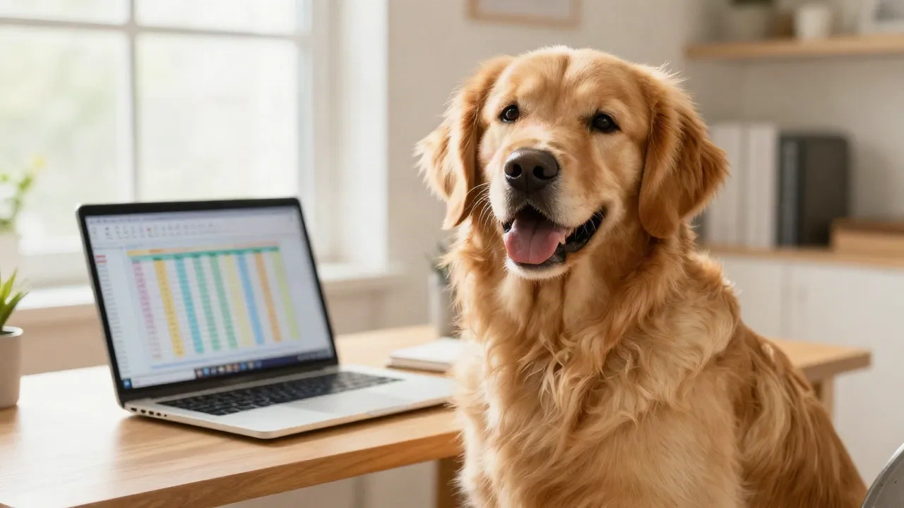 Golden retriever accanto a un portatile con un foglio di calcolo