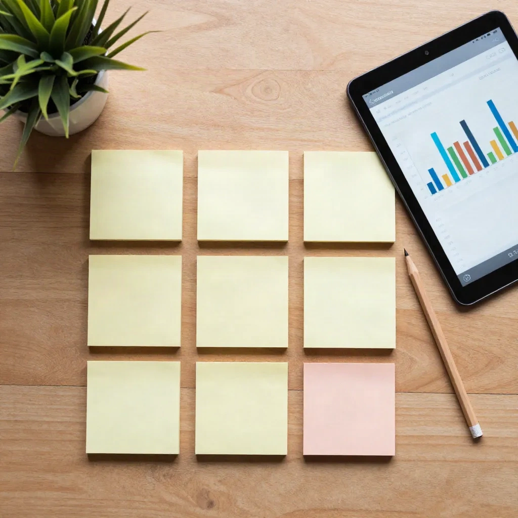 Sticky notes and a tablet dashboard on a wooden desk planning spreadsheet projects