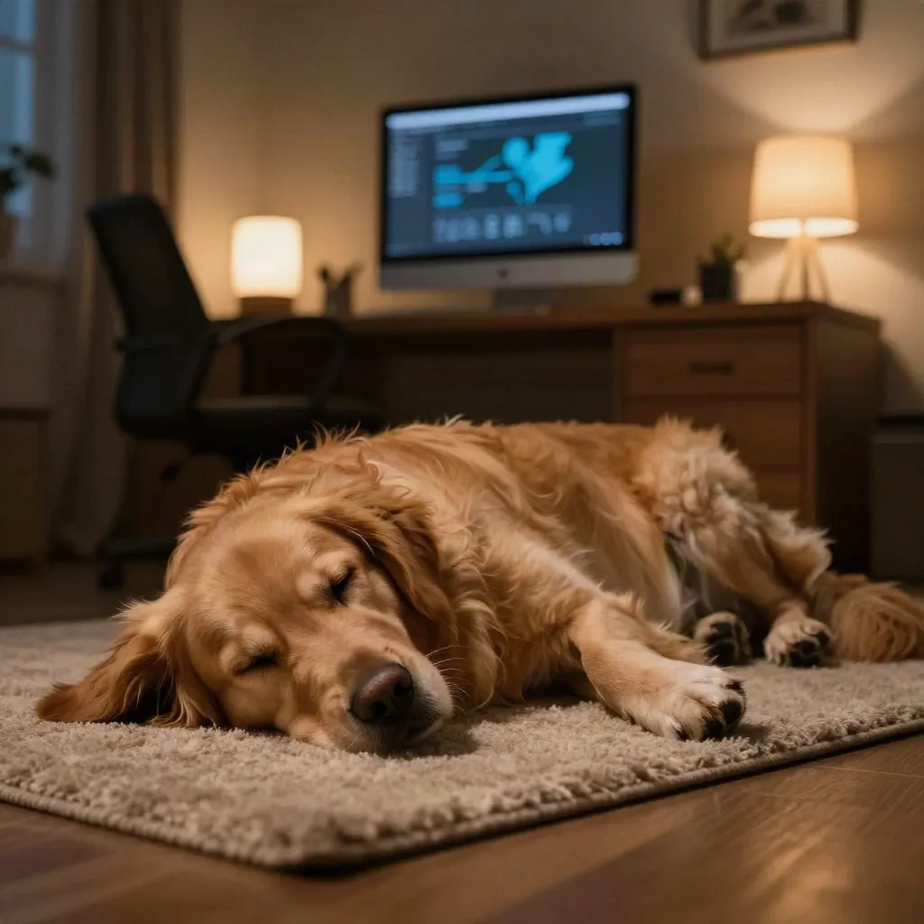 Golden retriever asleep in a quiet home office at night while the dashboard stays green