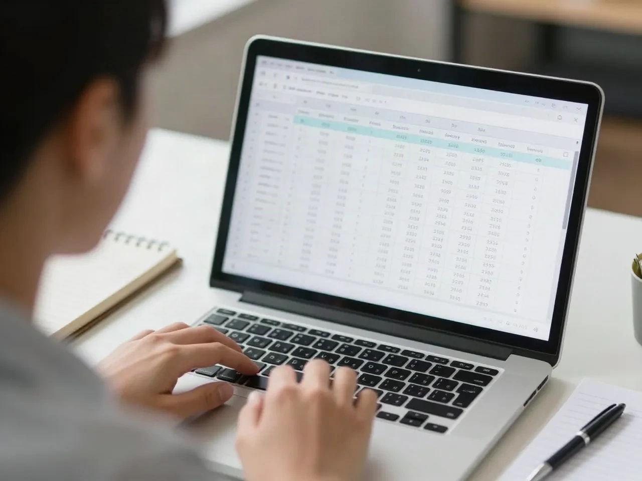 Analyst typing on a laptop with a spreadsheet open