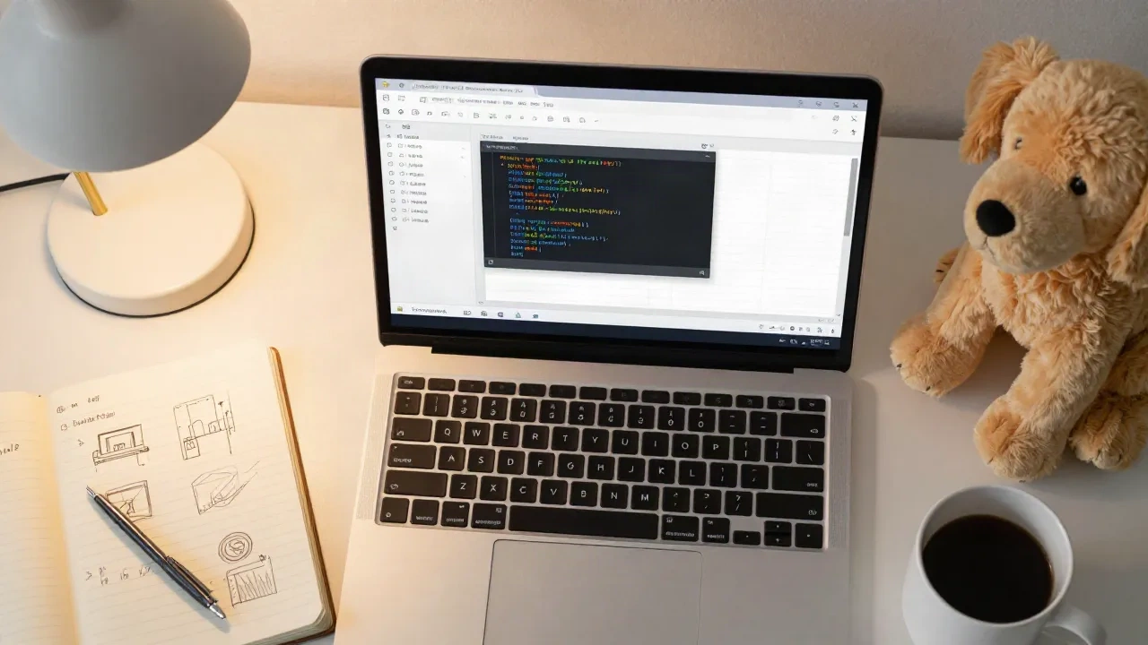 Un portátil con una hoja de cálculo y un editor de código junto a un cuaderno de bocetos de proyectos