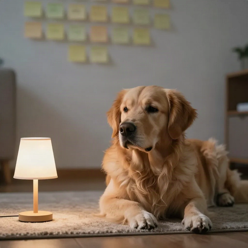 Golden retriever descansando sobre una alfombra cerca de una lámpara de escritorio por la noche