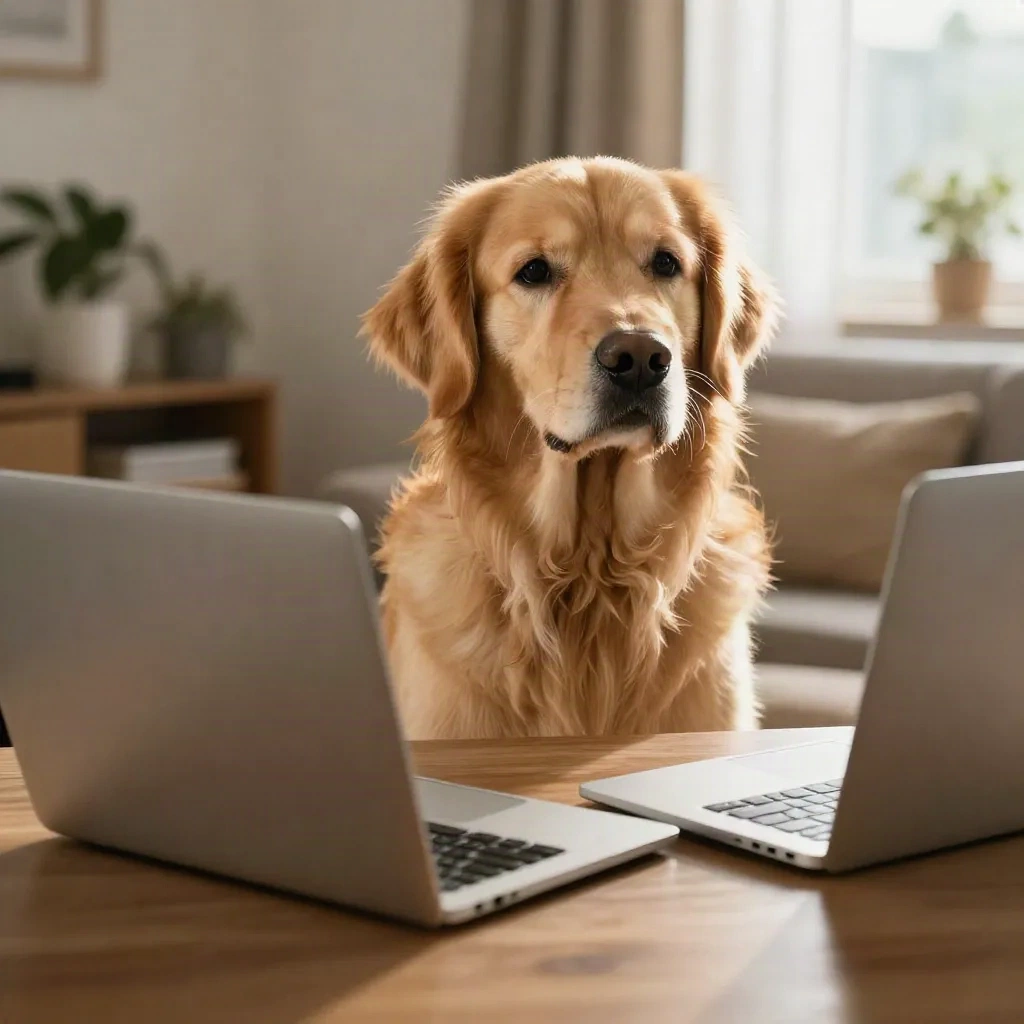 Golden retriever sitting between two open laptops watching the screen