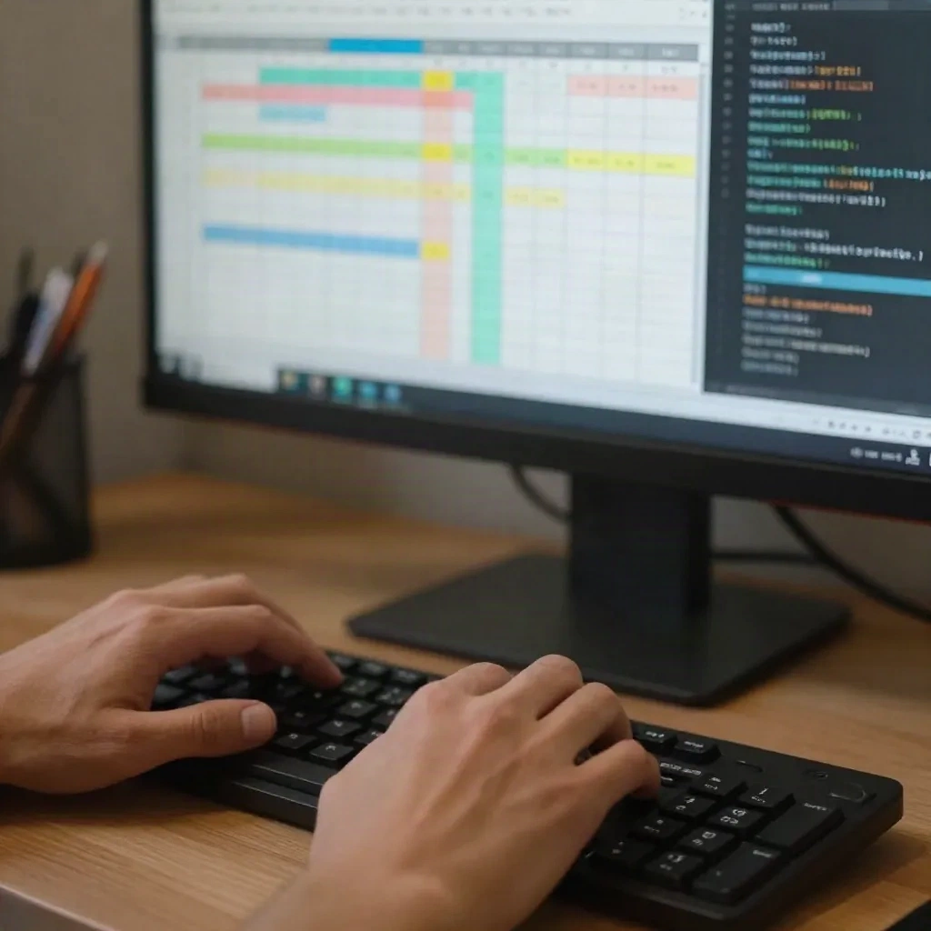 Hands typing at a keyboard while a spreadsheet and script sidebar glow on the monitor
