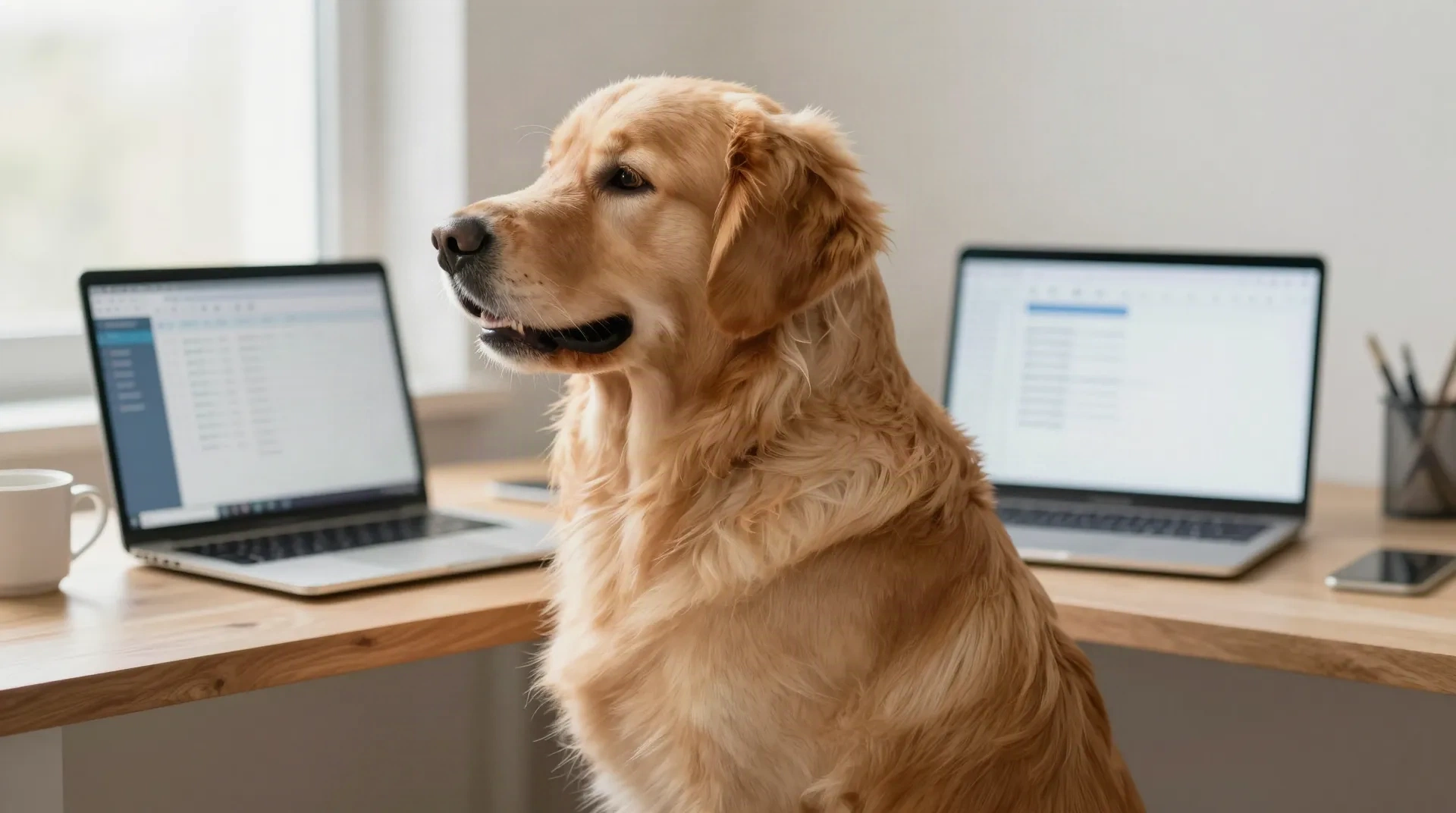 Golden retriever seduto a una scrivania tra due portatili con fogli di calcolo