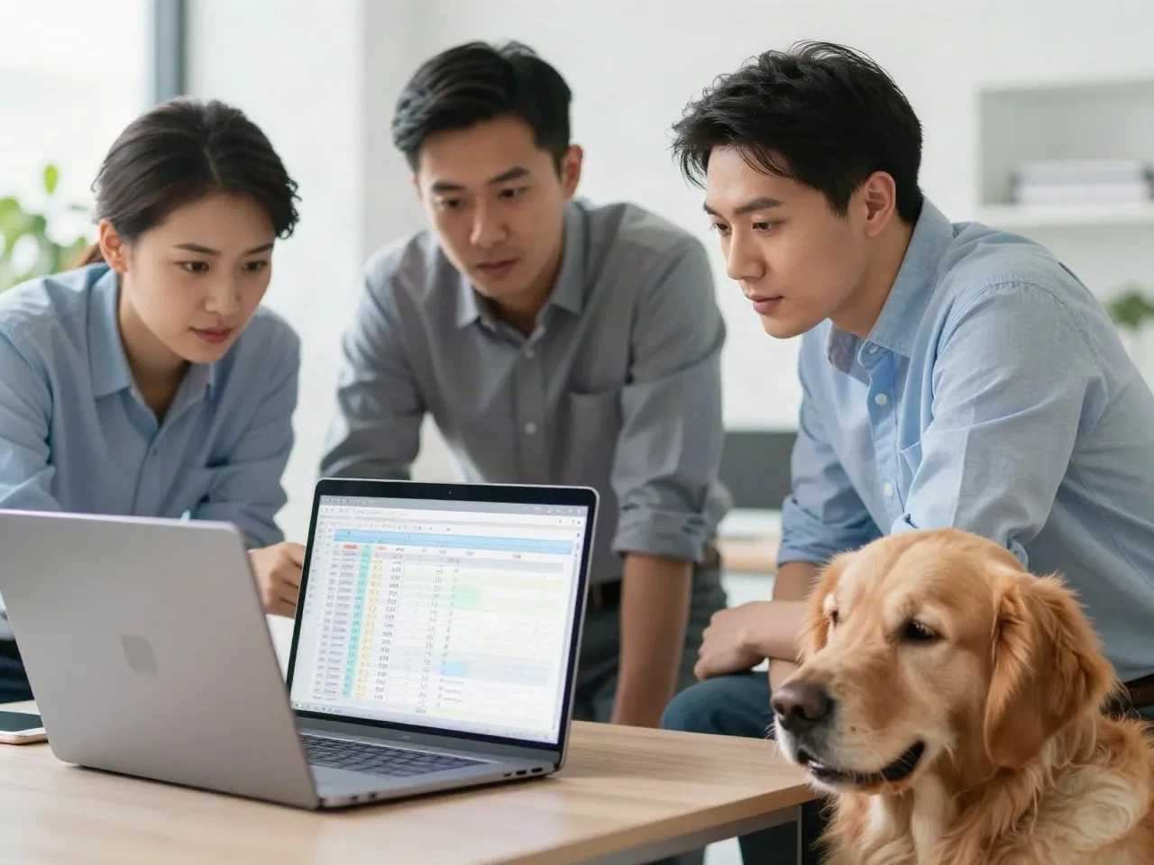 Three colleagues reviewing a spreadsheet on a laptop with a golden retriever beside them