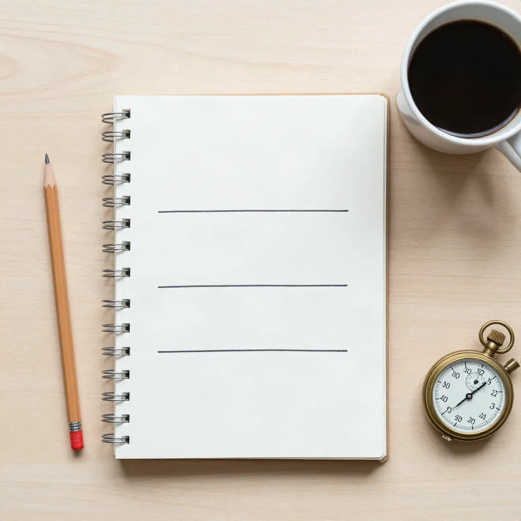 Cuaderno con un boceto de tres líneas de tiempo paralelas junto a un cronómetro de latón