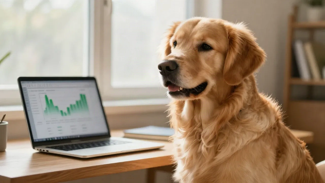 Golden retriever sitting next to a laptop showing a green availability chart