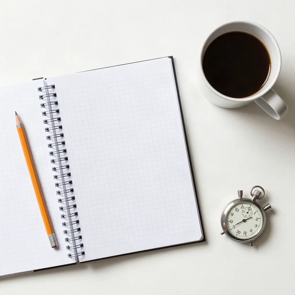 Notebook, pencil, coffee and a stopwatch laid out for tracking uptime by hand