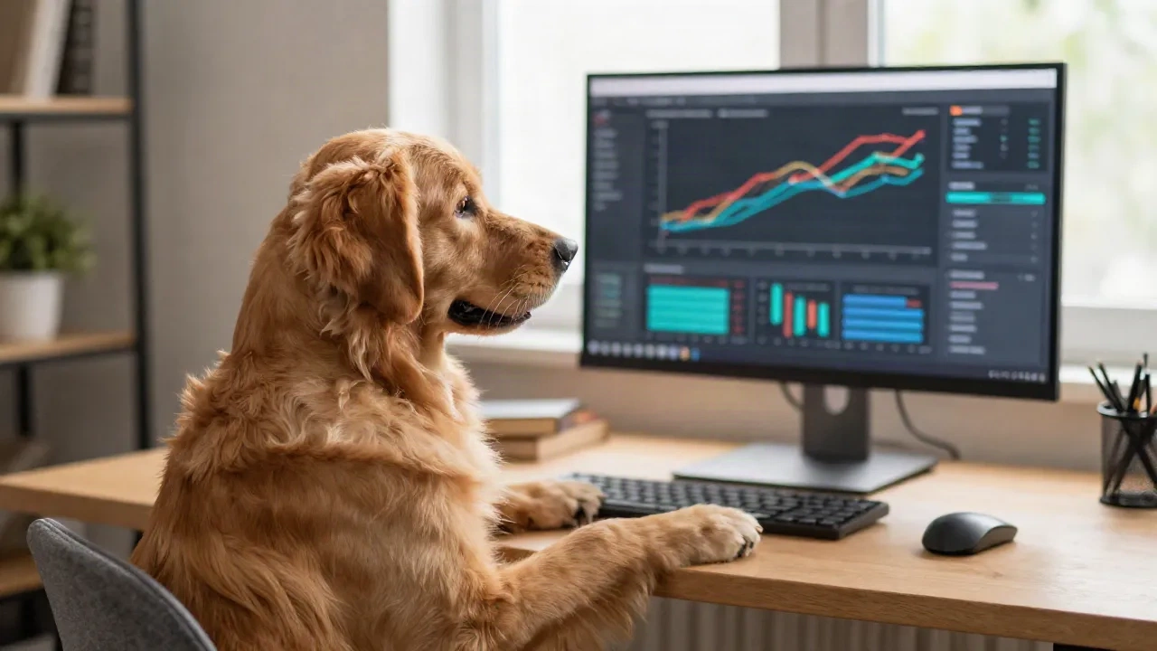 Golden Retriever an einem Schreibtisch, der auf einen Bildschirm voller Dashboards schaut