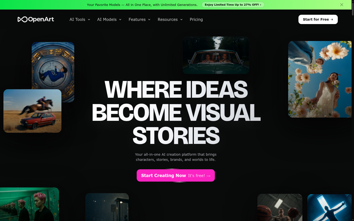 OpenArt AI homepage, het best geschikte Midjourney alternatief