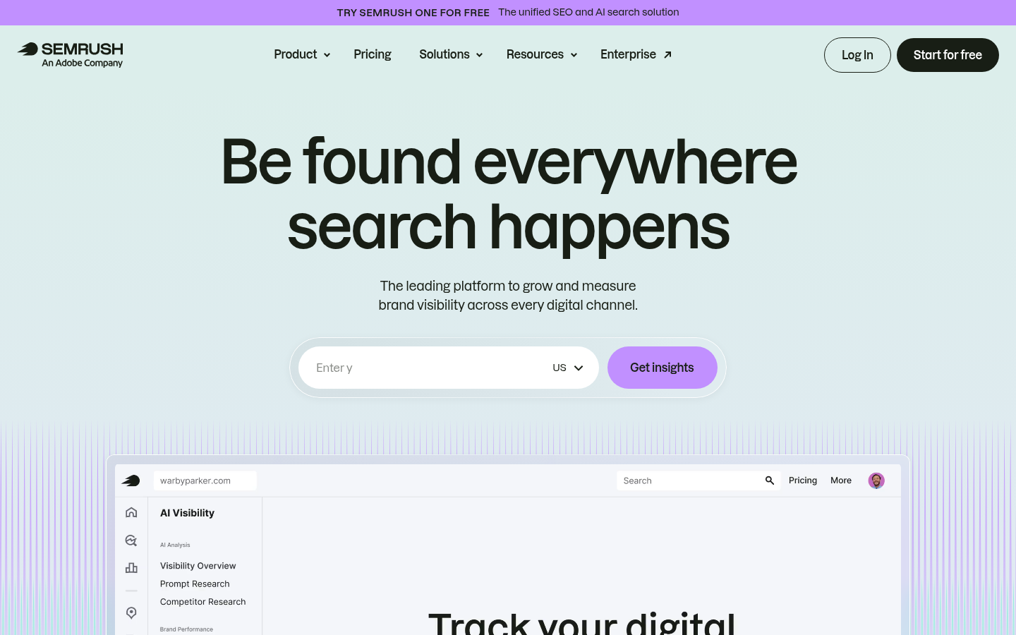 Screenshot homepage di Semrush con interfaccia di ricerca